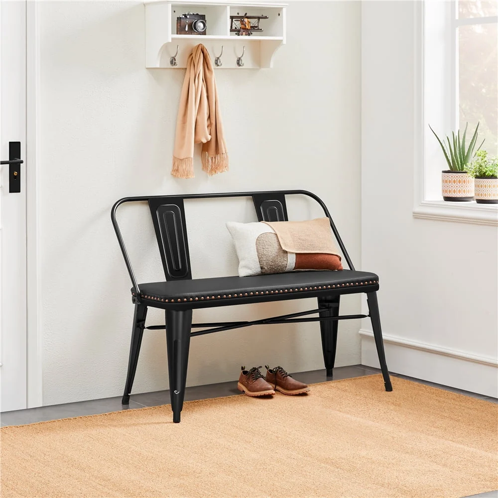 Yaheetech Industrial Metal Dining Bench with Upholstered Seat,Black