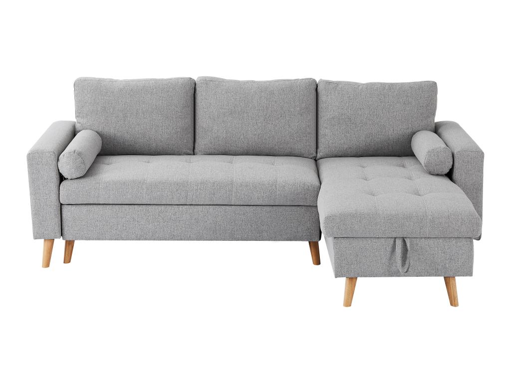 Sofá cama rinconera reversible de tela gris claro con arcón