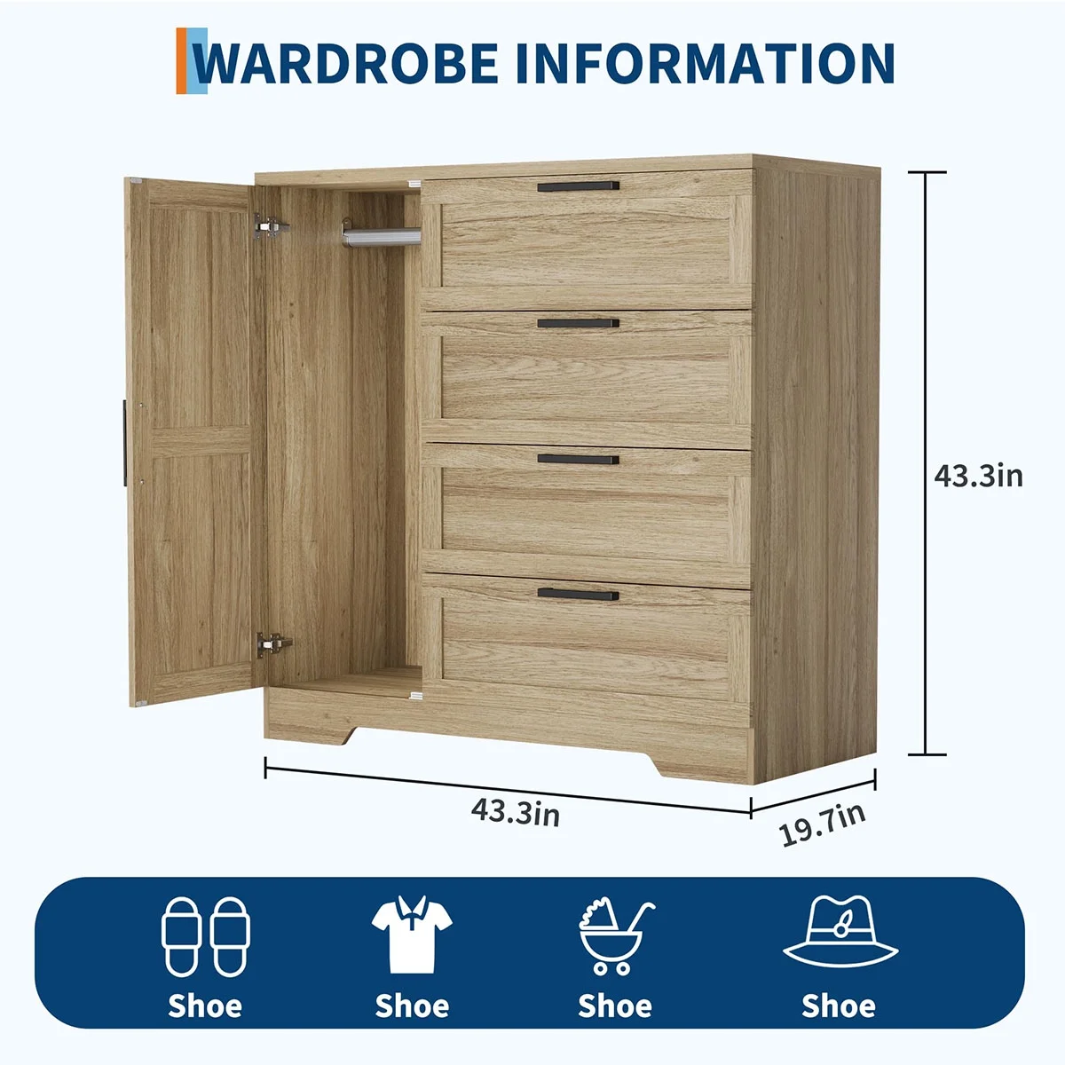 Ataucjin Wood Armoire Wardrobe Closet with 4 Drawers and Door, 43.3" H Bedroom Wardrobe Cabinet with Hanging Rod, Clothing Storage Cabinets, 4 Drawers Dresser with Storage Closet - Image 2