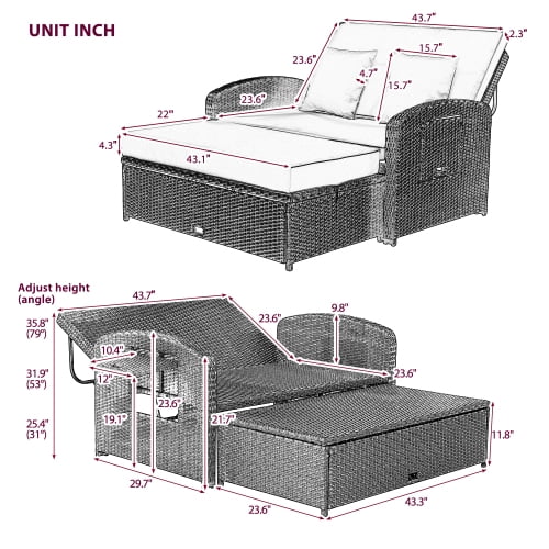 Harper & Bright Designs Rattan Outdoor Double Lounge Chaise 2-Person PE Wicker Outdoor Patio Sunbed with Canopy Cover for Backyard Garden Balcony, Beige+Black - Image 18