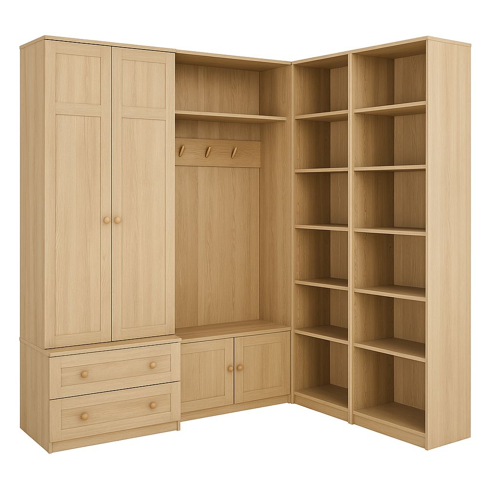 Armario esquineros de madera clara con estantes y cajones,para entrada y organización