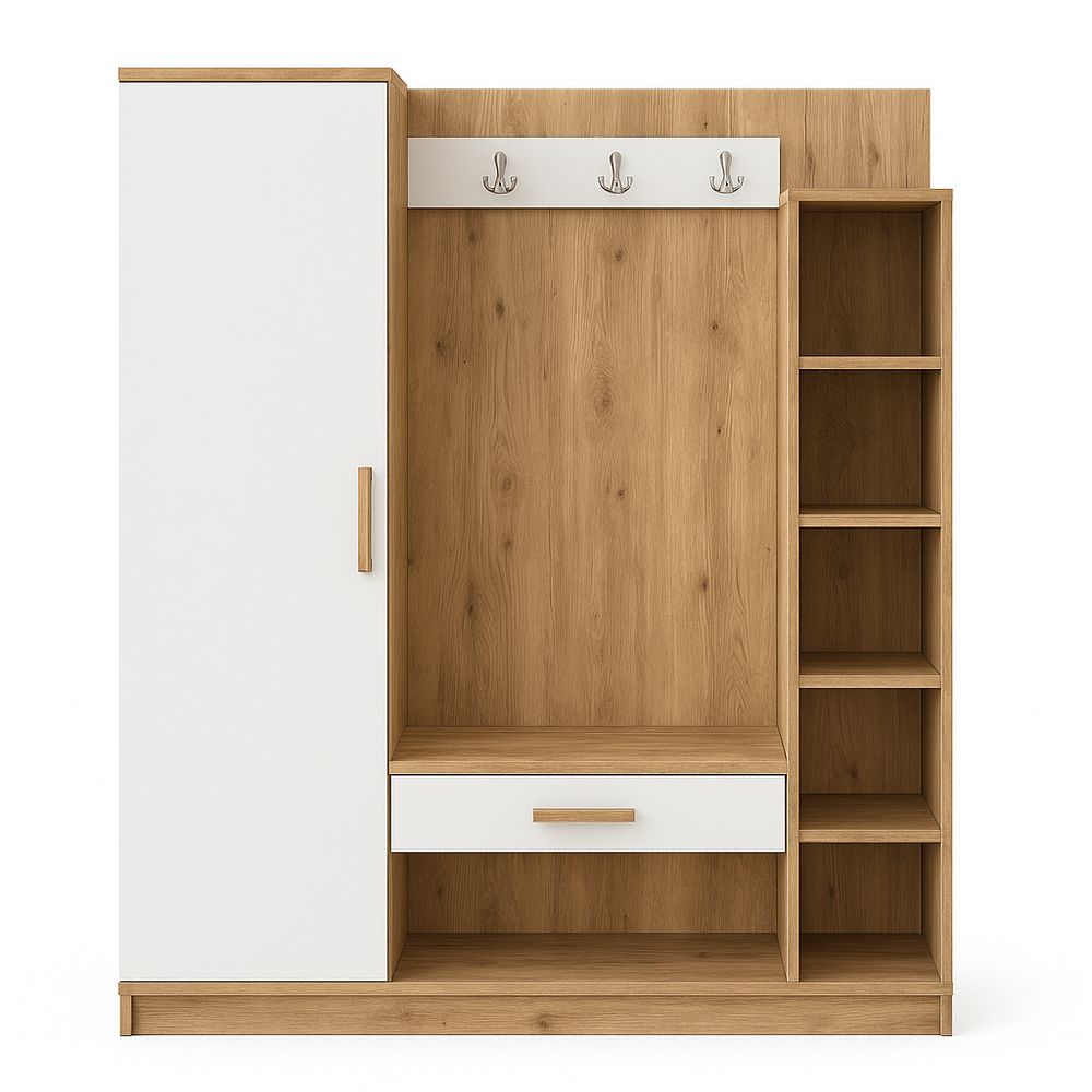 Armario de entrada de madera con estantes y ganchos,diseño moderno,3 compartimentos,color blanco y madera clara