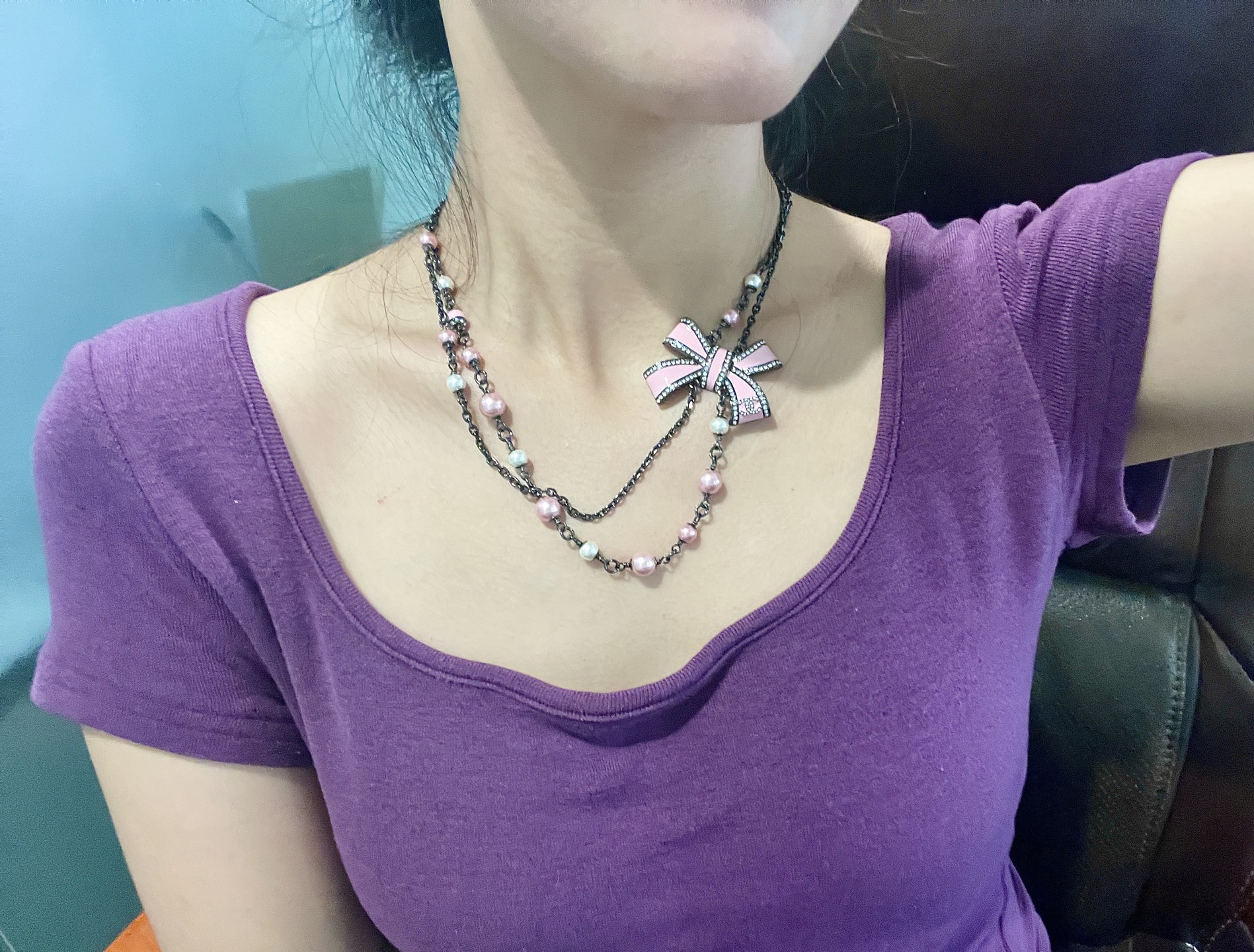 Chanel Two Layers Pink Bow Pearl Necklace - Original Replica Club