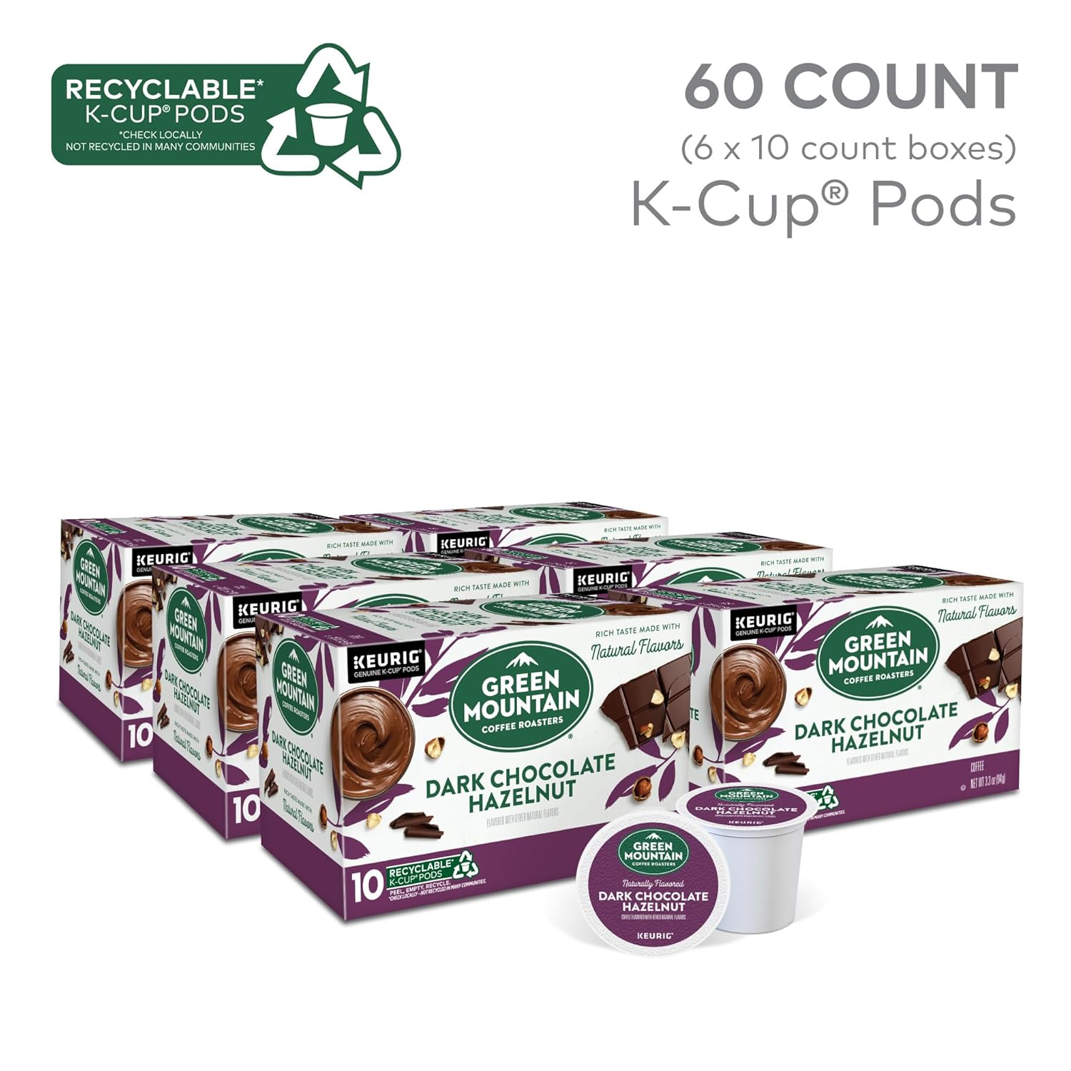 Green Mountain Coffee Roasters Dark Chocolate Hazelnut Coffee. Keurig Single Serve K-Cup Pods. 60 Count