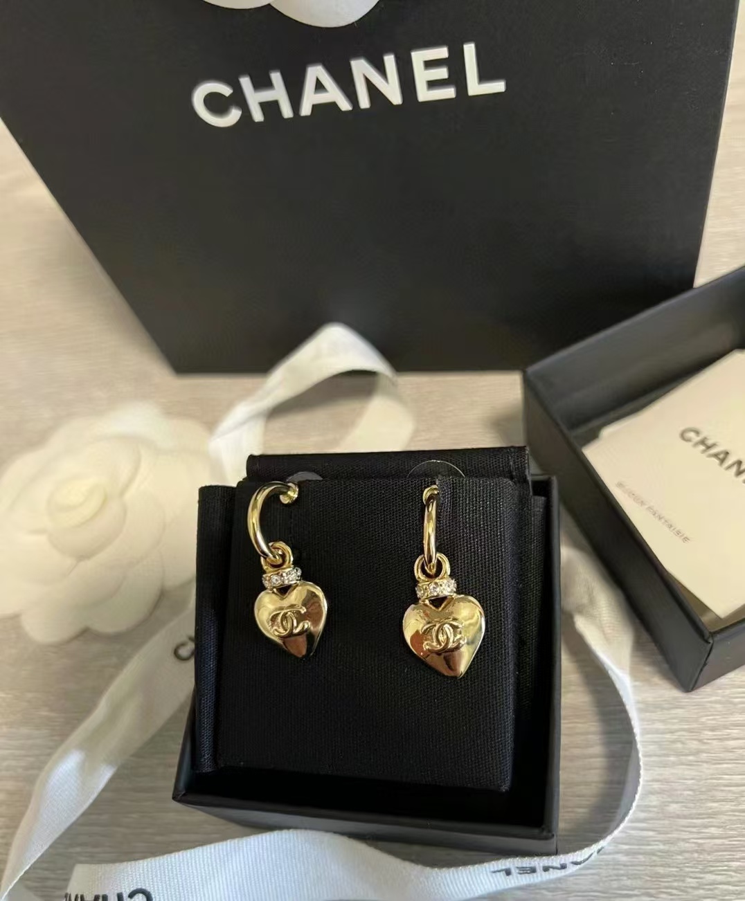 Chanel Gold Hoop with Heart Dangle Earrings - Original Replica Club
