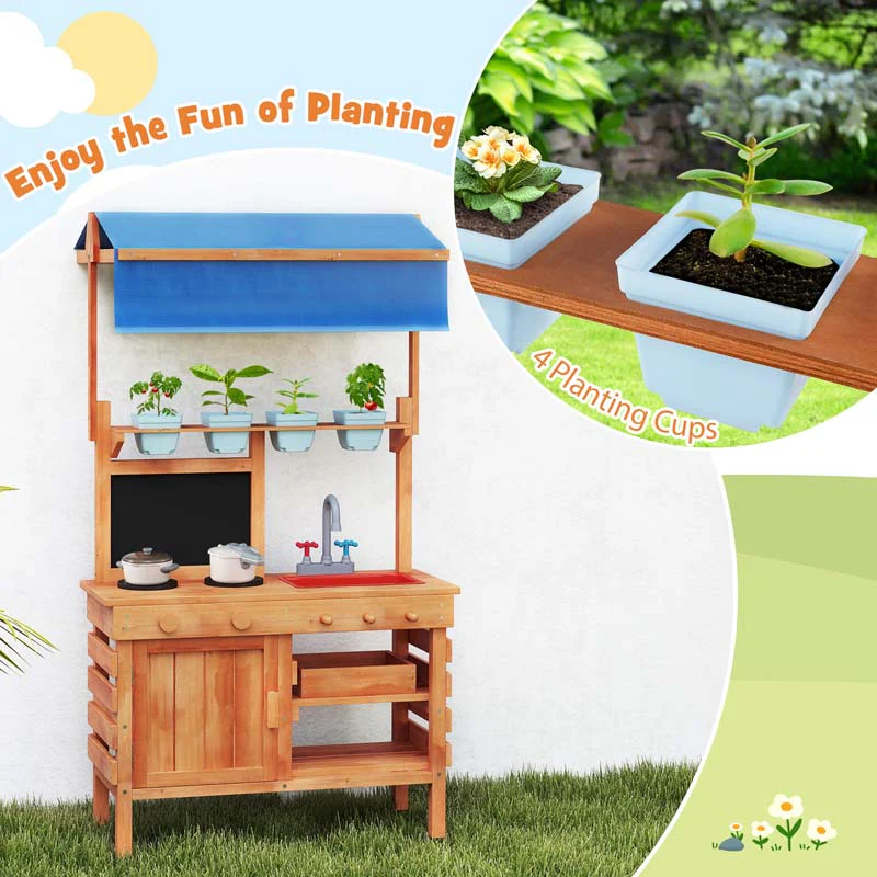 Eletriclife Wooden Pretend Play Kitchen with Height Adjustable Canopy
