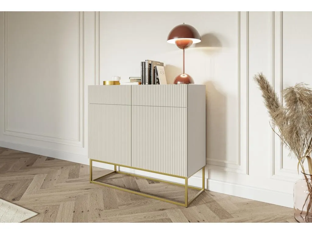 Cómoda de 2 puertas y 2 cajones de 100 cm en color topo (beige-gris) con patas de metal dorado Nidovia. lgl1689773