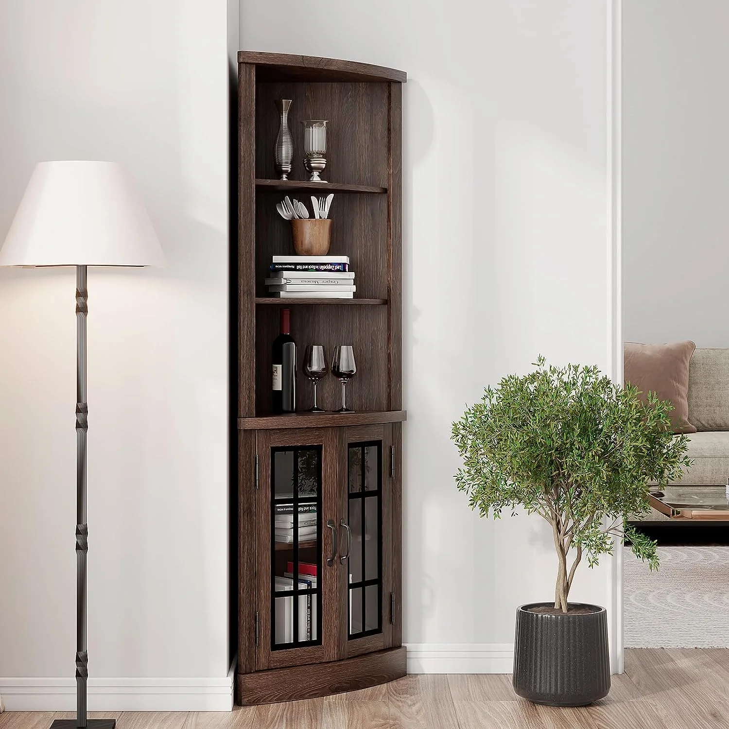 Merluxy Curved Corner Cabinet, 65" Wood Bookcase with 3 Shelves, Distressed White - Image 12