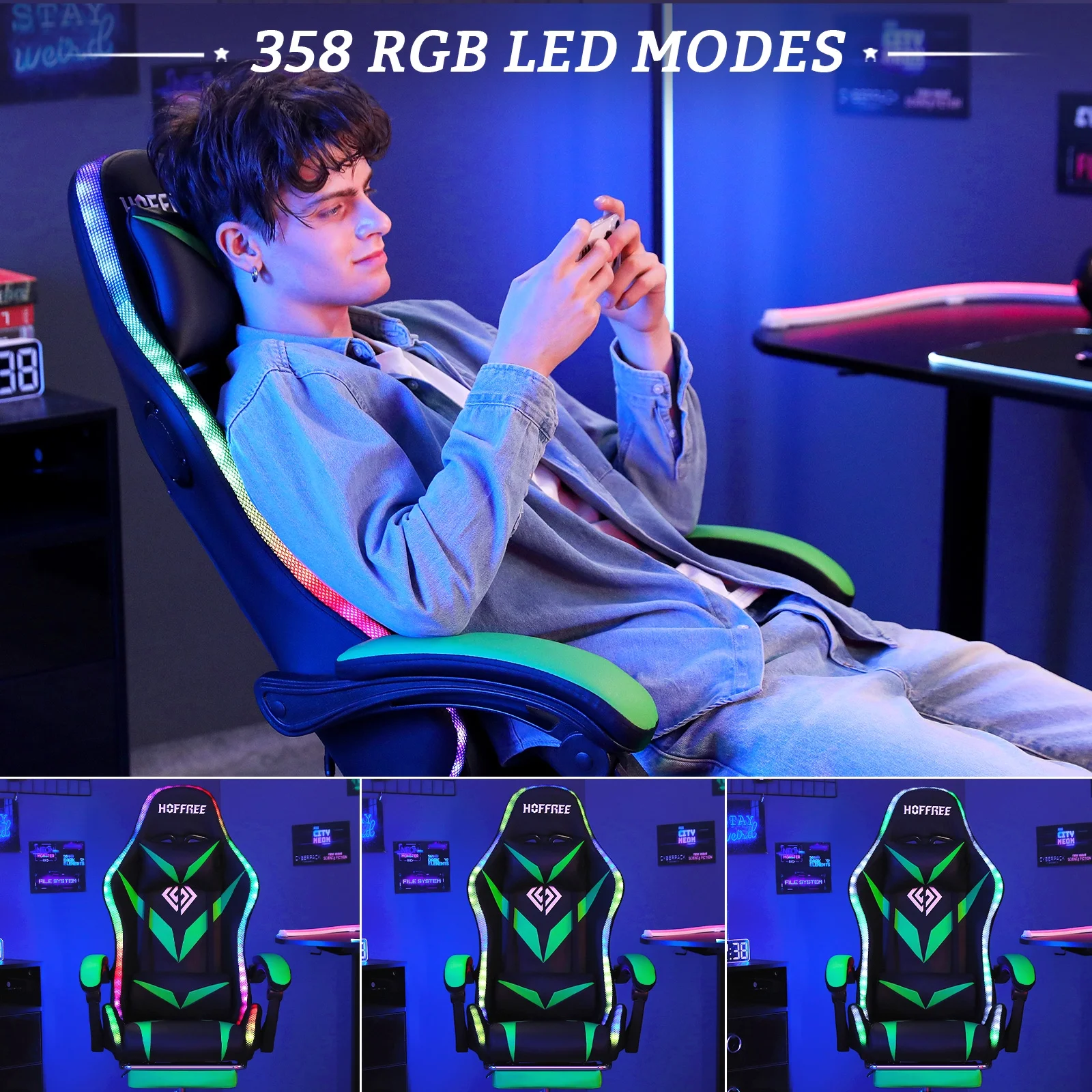 Hoffree Gaming Chair with Speakers PU Leather Office Chair with Footrest and LED Lights Ergonomic Gamer Chair with Massage Lumbar Support and Headrest Adjustable Swivel for Home Office 300lb - Image 43