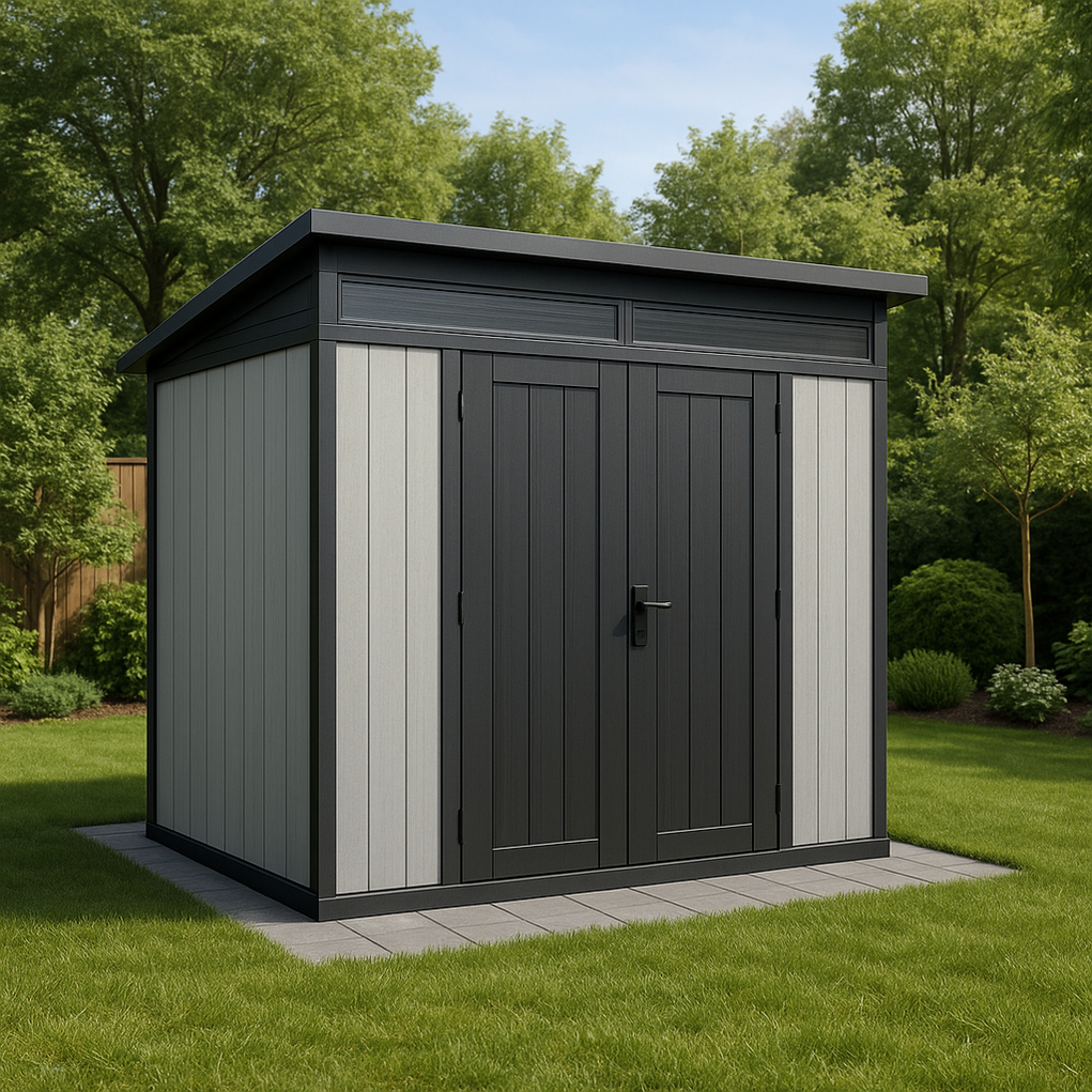Caseta de jardín de resina 240x175x220 cm gris/negro TFQYBWT391BT