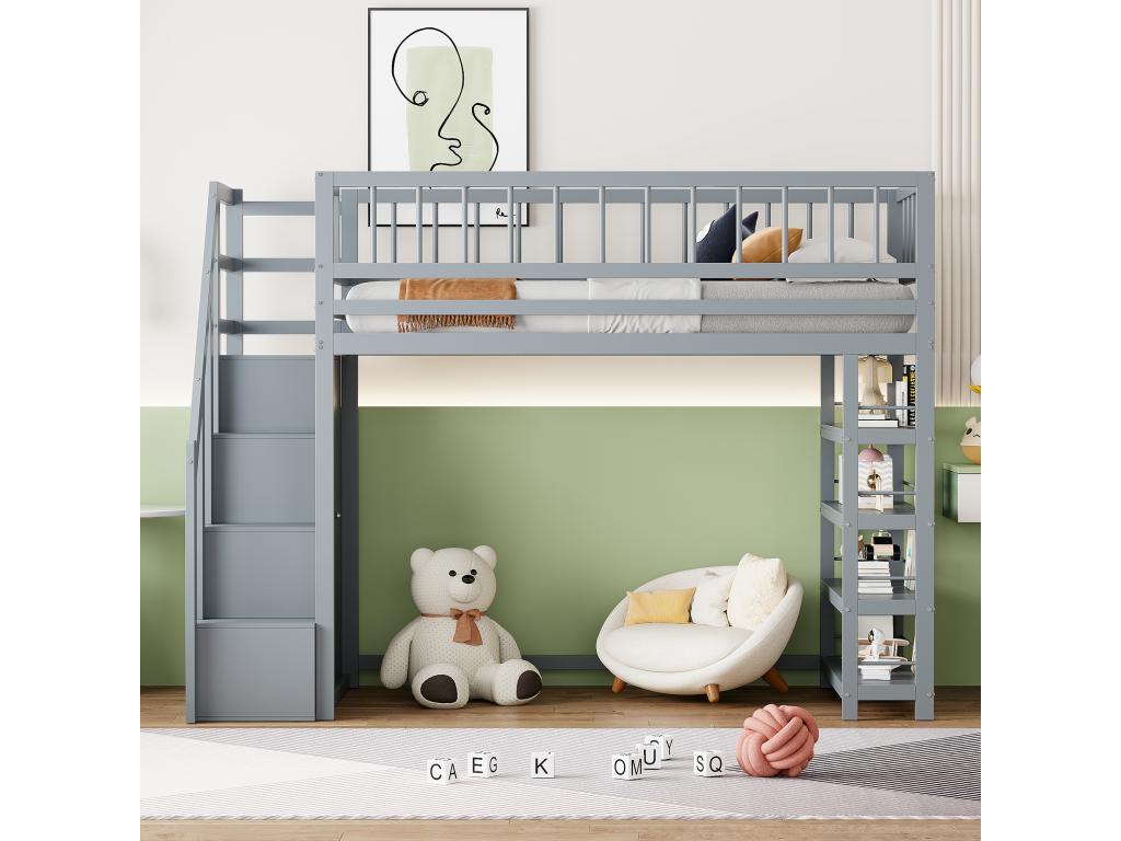 Cama alta 90 x 200 cm - estantes + armario + espacio de almacenamiento - madera maciza - gris