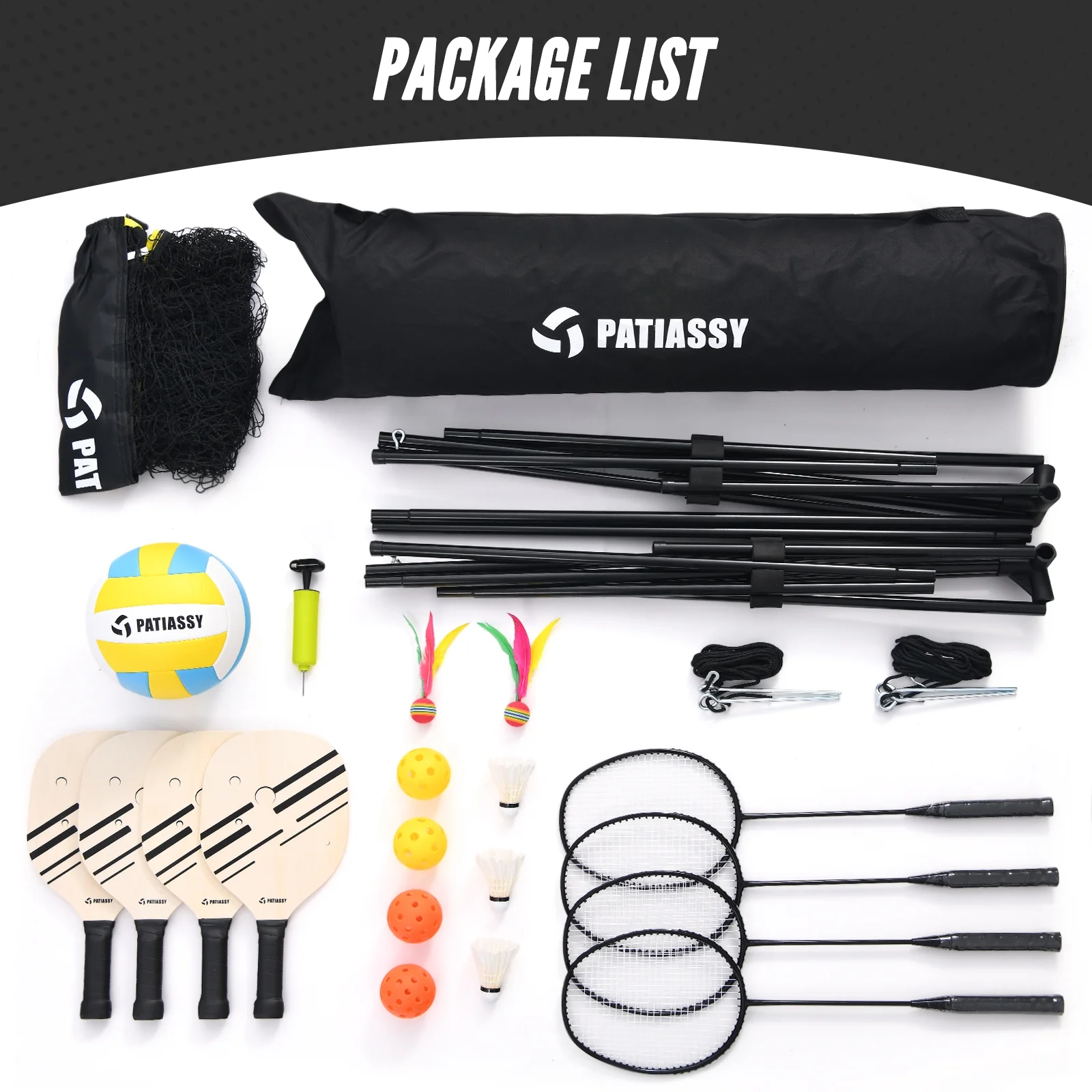 Patiassy 5.1ft-7.4ft Adjustable Height Volleyball Badminton Pickleball Net Set with Poles, 4 Rackets, 3 Shuttlecocks, 4 Pickleball Paddles , and Volleyball - Image 6