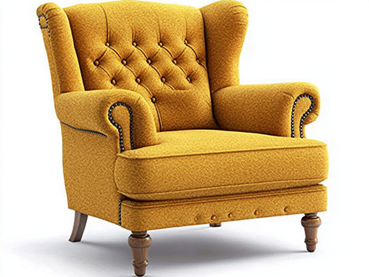 Sillón orejero tapizado 85×90×105 cm – mostaza – con capitoné y patas de madera tallada