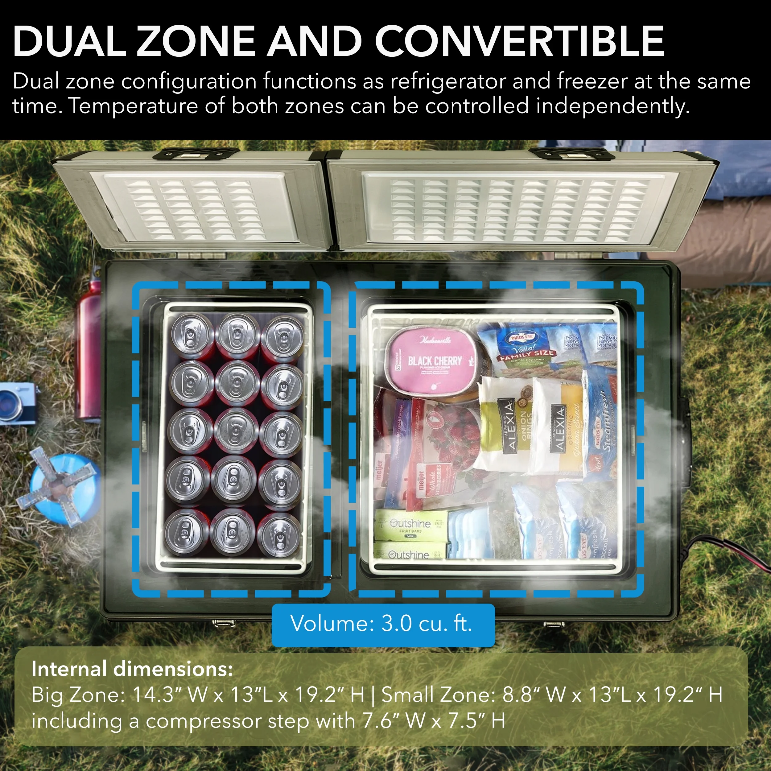 Whynter 90 Quart Dual Zone Portable Fridge/Freezer with 12v Option and Wheels - Image 3