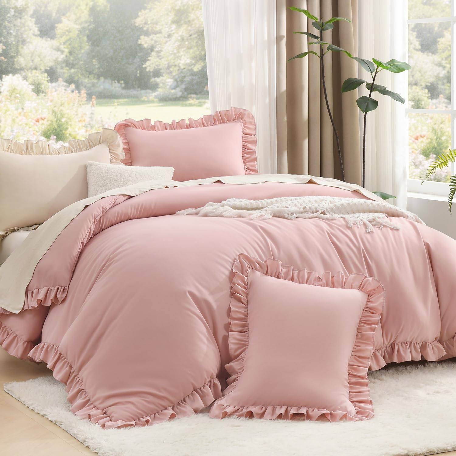 3 Pieces Pink Ruffle Edge Comforter Set Vintage Shabby Chic Style All Season Soft Breathable for Bedroom Home