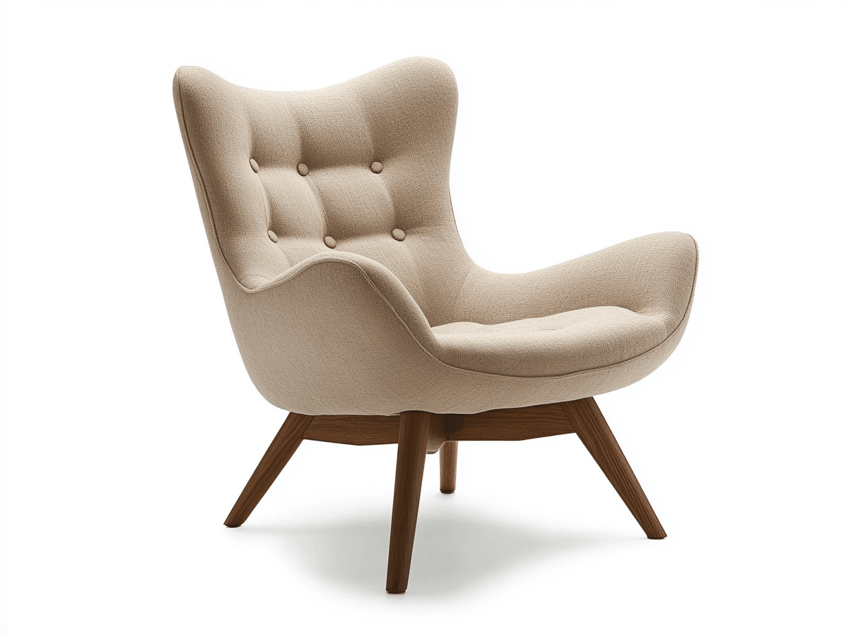 Sillón alto ergonómico – tela beige 82×85×95 cm – con respaldo envolvente capitoné y base de madera curvada