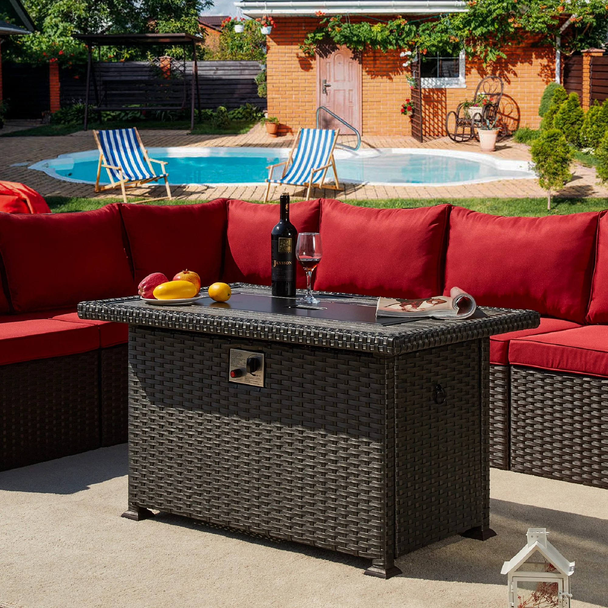 HOMREST Propane Fire Pit Table, 44 Inch 50,000 BTU Auto-Ignition Gas Fire Pit Table Rectangular /w Glass Wind Guard, Wood Plastic Composites Tabletop, CSA Certification Firepit for Outdoor Patio Lawn - Image 6
