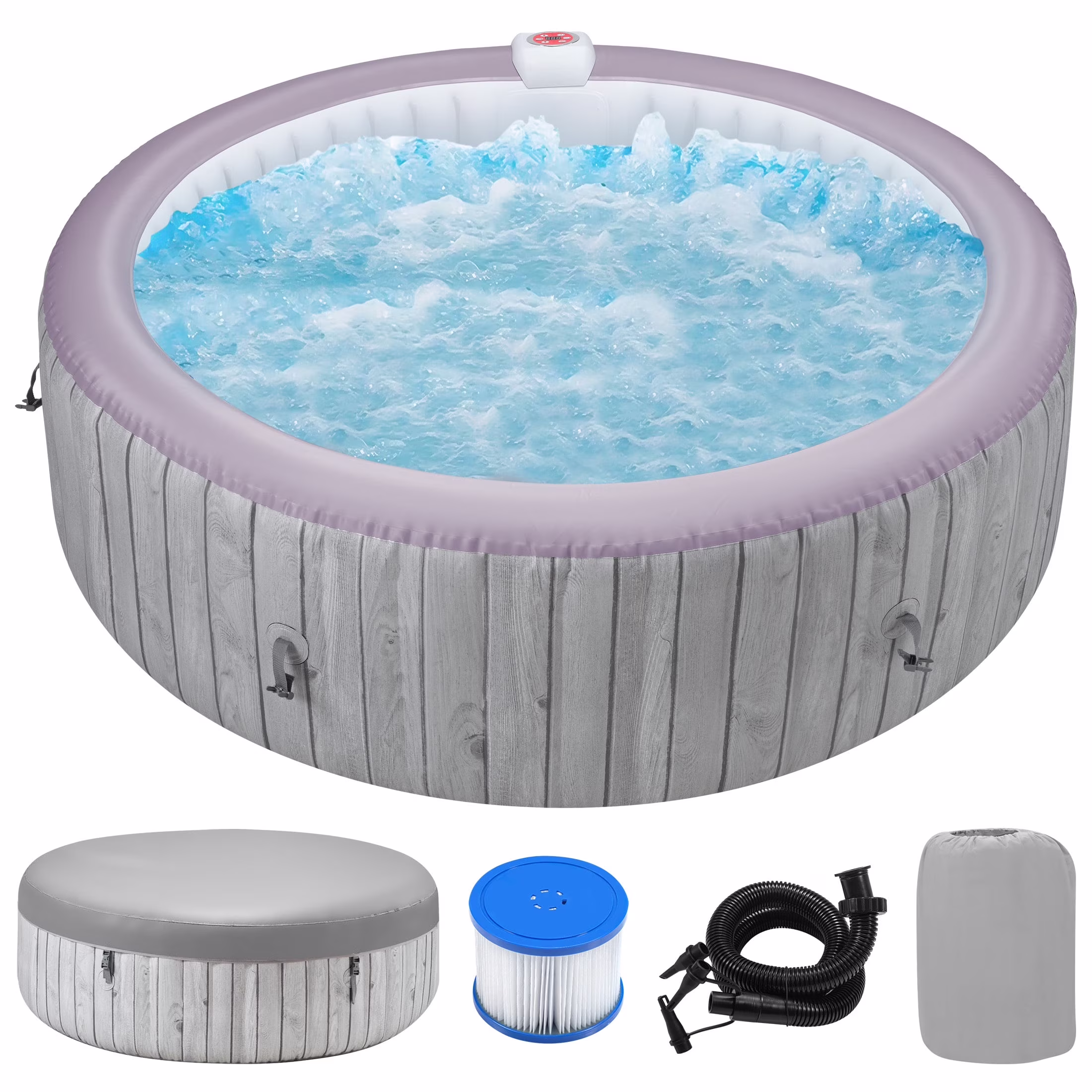 Round Hot Tub Surround Furniture, Spa Surround Outdoor Rattan Sectional Sofa Set with Mini Sofa, Solid Acacia Wood Hot Tub Storage Surround Patio Furniture Set, Gray Cushion - Image 3
