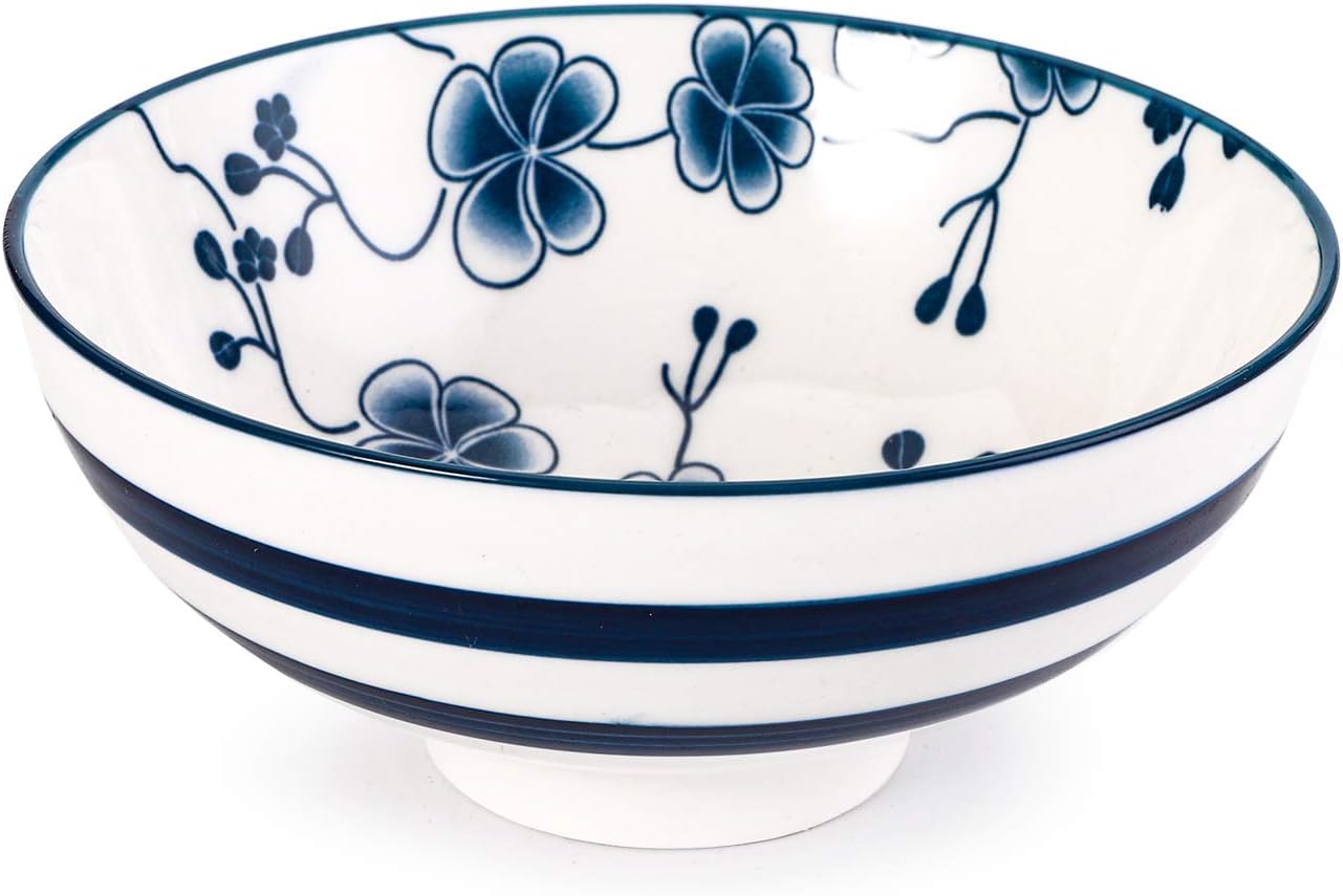 Foraineam 6 Pieces Blue and White Floral Rice Bowl Set 8 oz Japanese Style Cereal Bowls, Assorted Designs