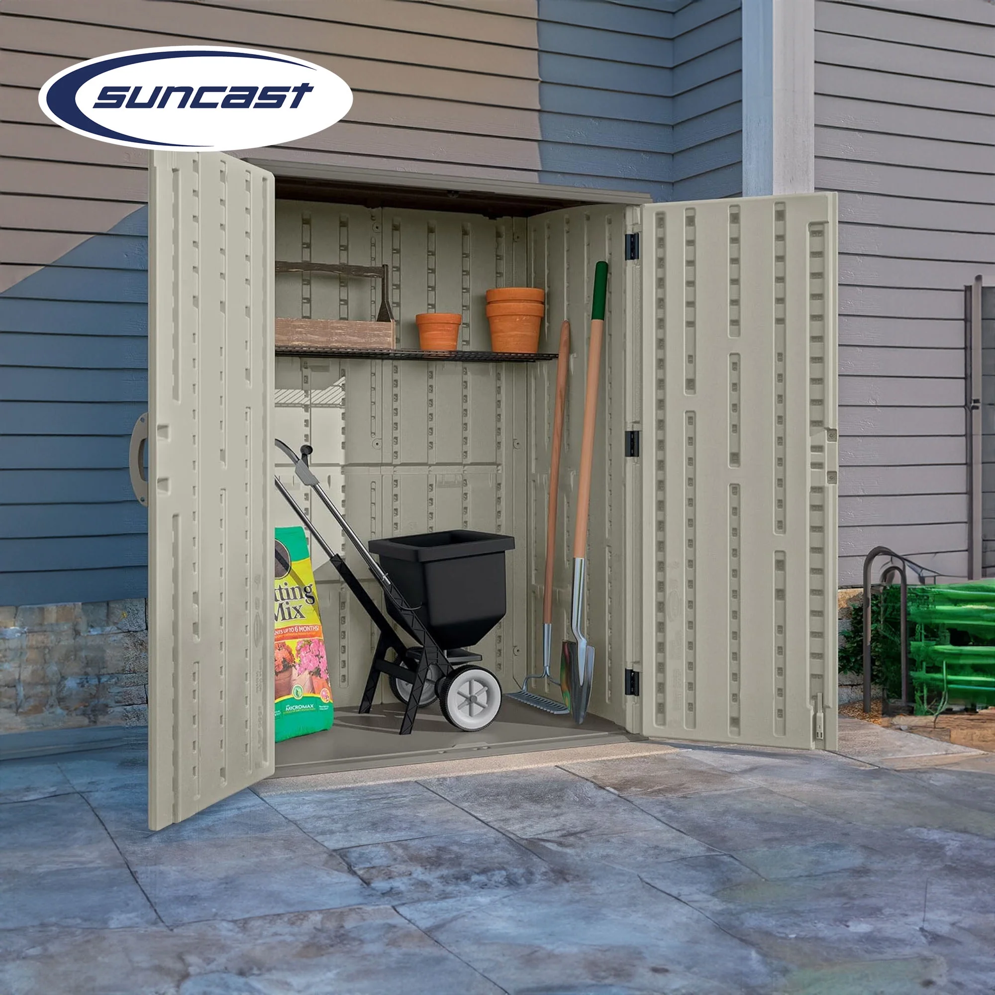 Suncast Large Vertical Shed for Storing Oudoor Tools, & Equipment, Sand - Image 5