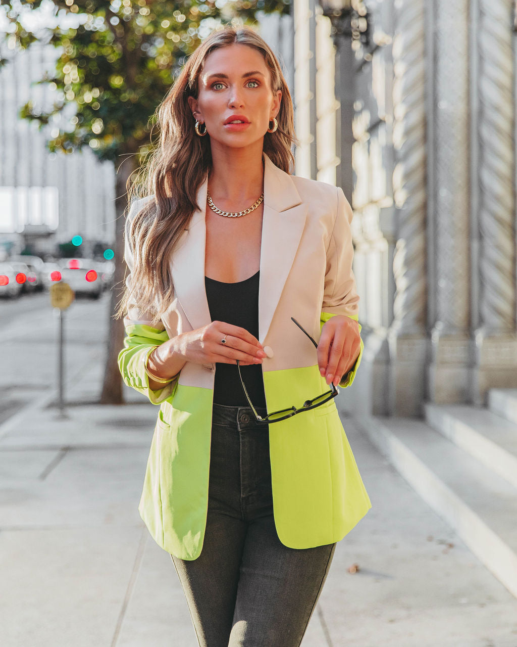 She Sets Trends Pocketed Colorblock Blazer - Lime - Se7enfashion
