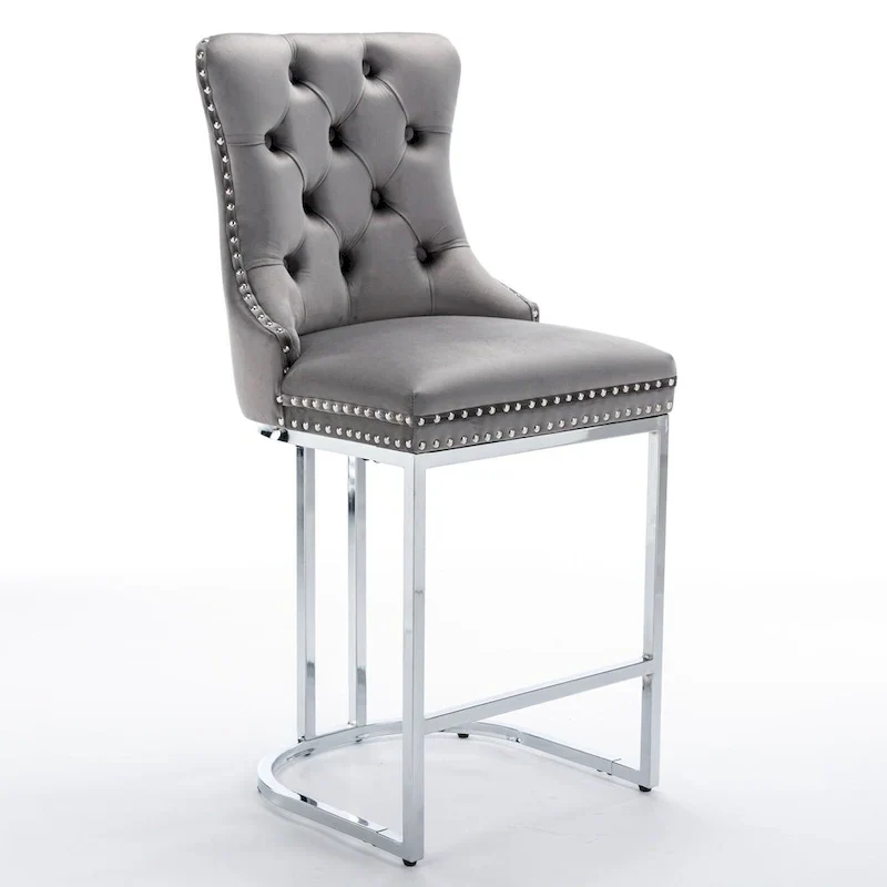 Contemporary Set of 2 Bar Stools with Button-Tufted Back and Studded Trim, Chrome Metal Base - Ideal for Dining Room, Living Room, and Bedroom