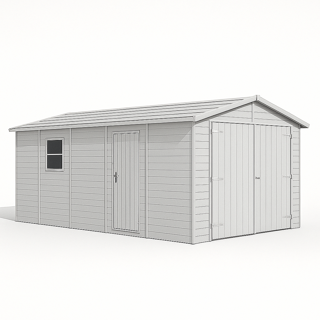 Garaje de madera, con puerta enrollable y ventana, color blanco.
