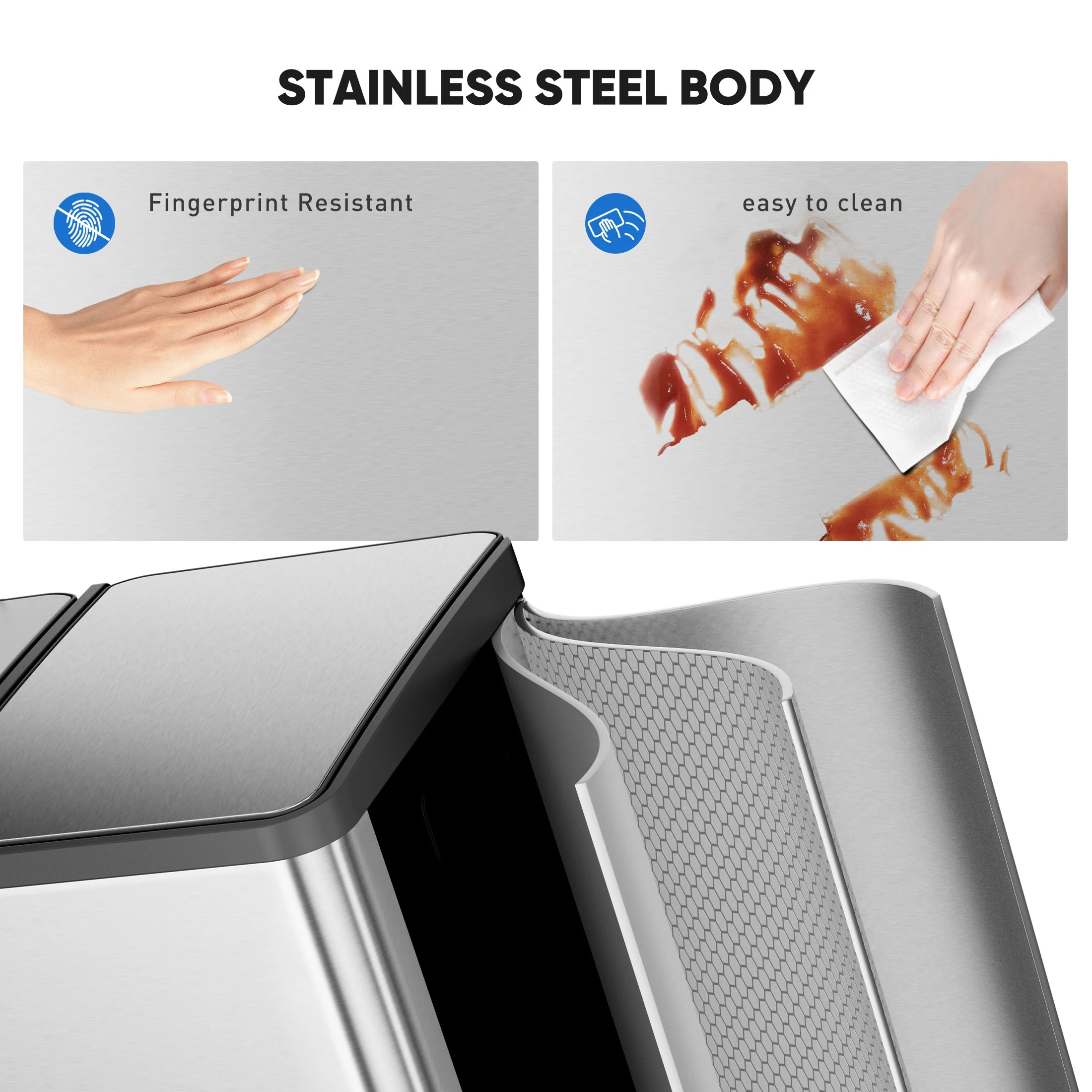 EDX 2 x 8.3 Gallon Dual Garbage Recycle Trash Can with Lid, Inner Buckets for Kitchen, Stainless Steel, Sliver - Image 8