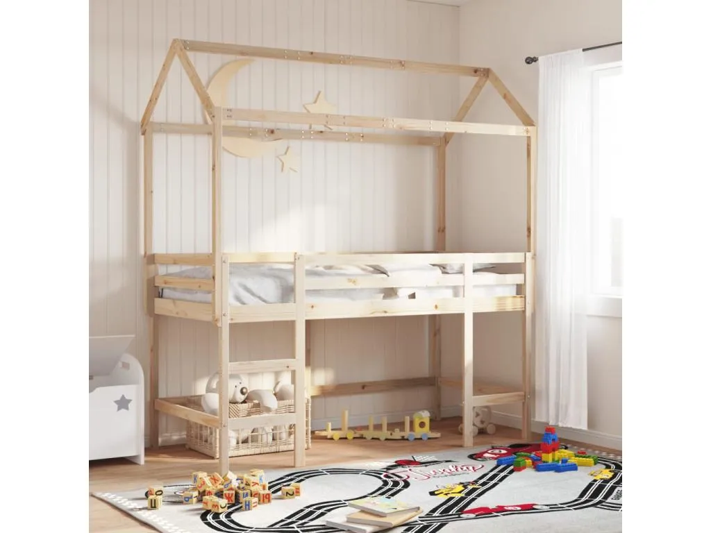 Cama alta con escalera y techo en madera maciza de pino 90x200 cm. edn3541108