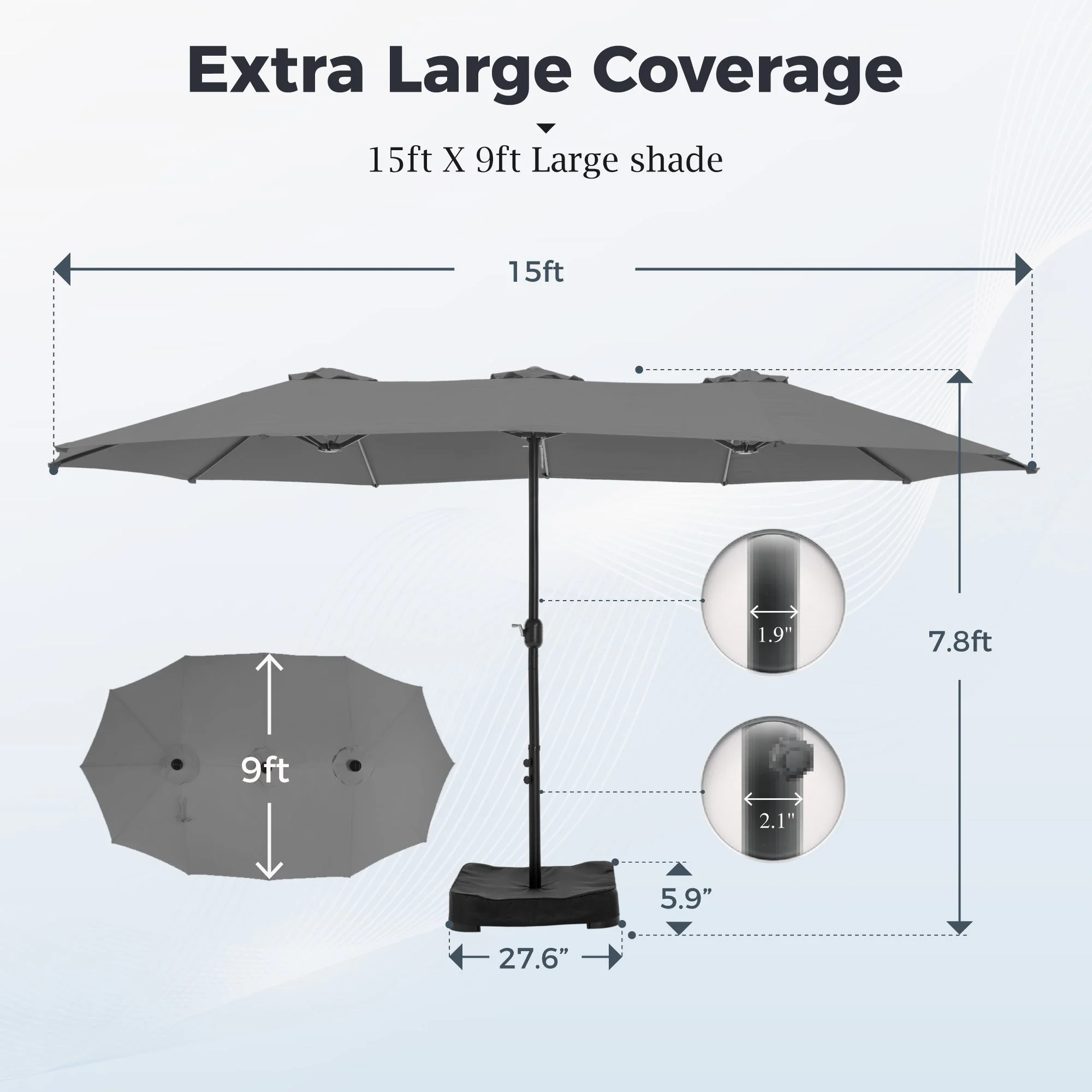 Alpha Joy 15ft Outdoor Patio Umbrella Extra-Large Double-Sided Garden Umbrella with Crank Handle and Base - Smoky Gray - Image 6