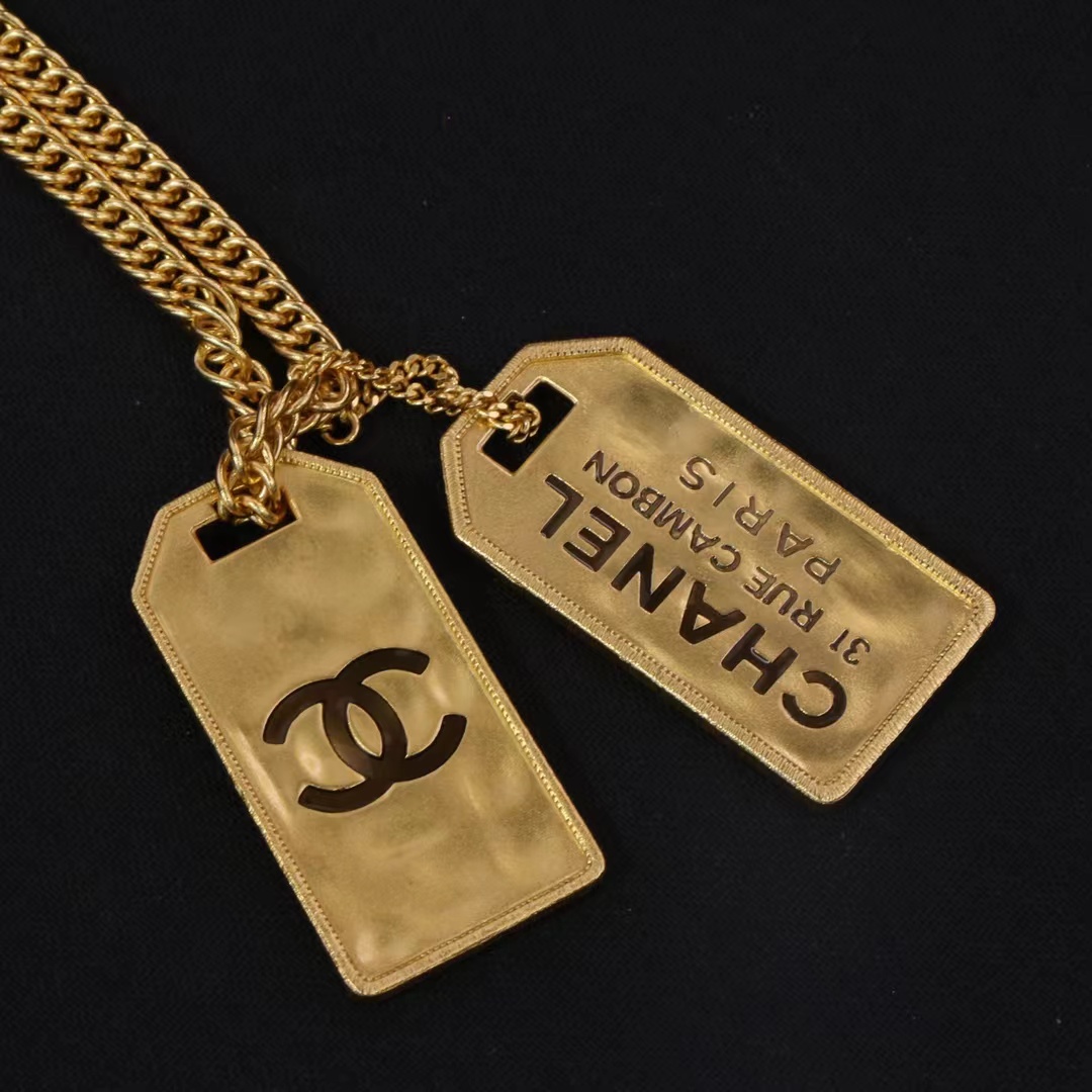 Chanel Unisex Thick Cuban Chain Rectangle Tag Pendant Necklace - Original Replica Club