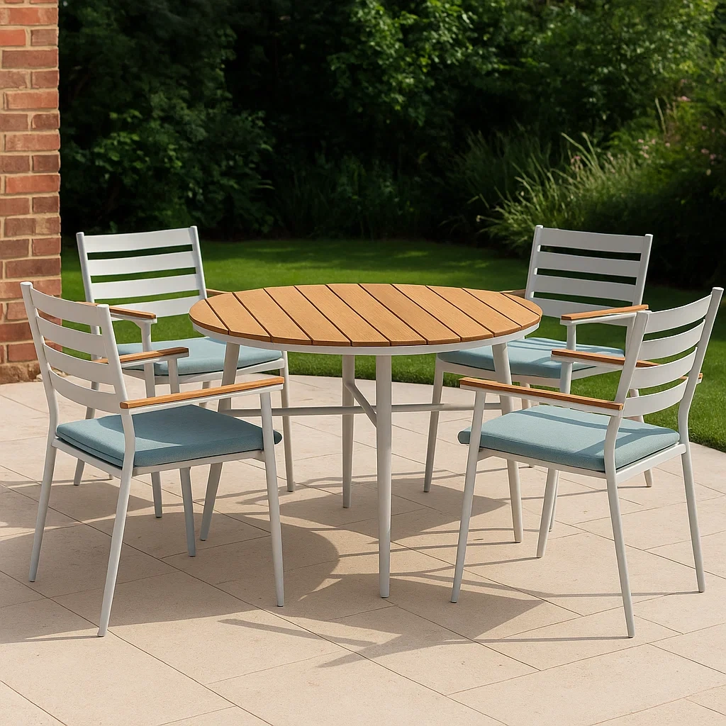 Mesa y sillas de jardín - Conjunto redondo para 4 personas - Blanco y natural claro - Eucalipto y aluminio - Exterior - 110×110×74 cm - FNCXzlIDu5Cd