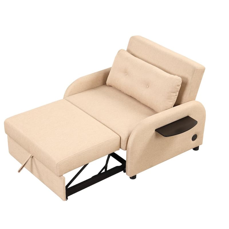 Sofá cama de tela beige de 41.5 pulg. con mesa alada doble y carga USB vy6774985