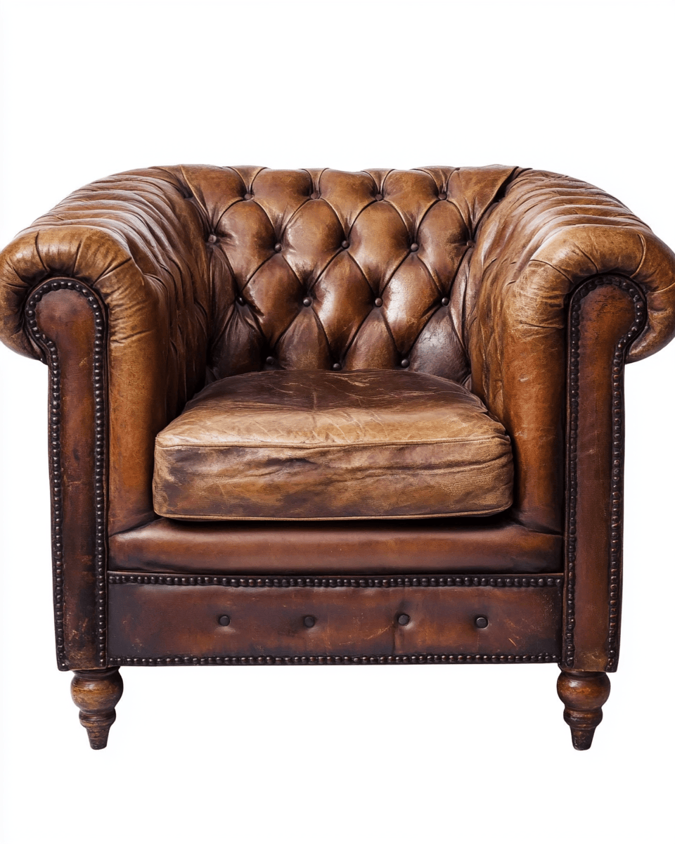 Sillón Chesterfield de cuero envejecido marrón – estructura de madera – estilo vintage clásico