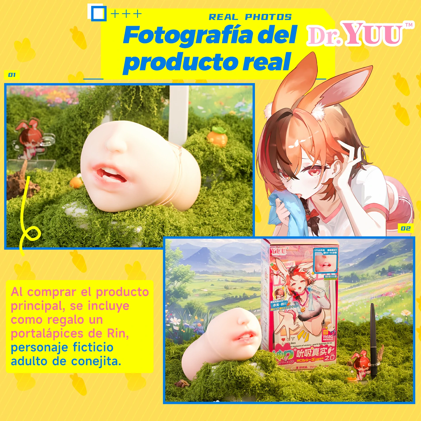 Fotos reales del masturbador bucal Dr.YUU Rin con caja anime y accesorio incluido.