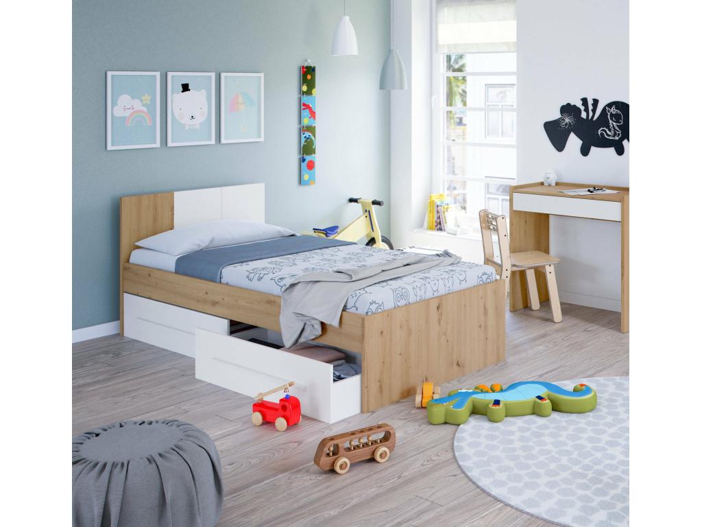 Cama individual Anaheim, Cama contenedor individual con cabecero, Estructura de cama con 2 cajones para dormitorio,196x97h77 cm, Roble anudado y Lujodec