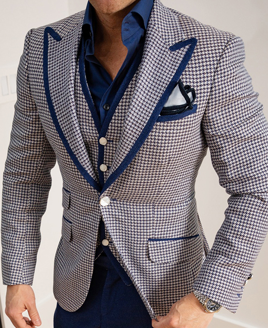 Business Houndstooth Contrast Binding Lapel Collar Pockets Blazer