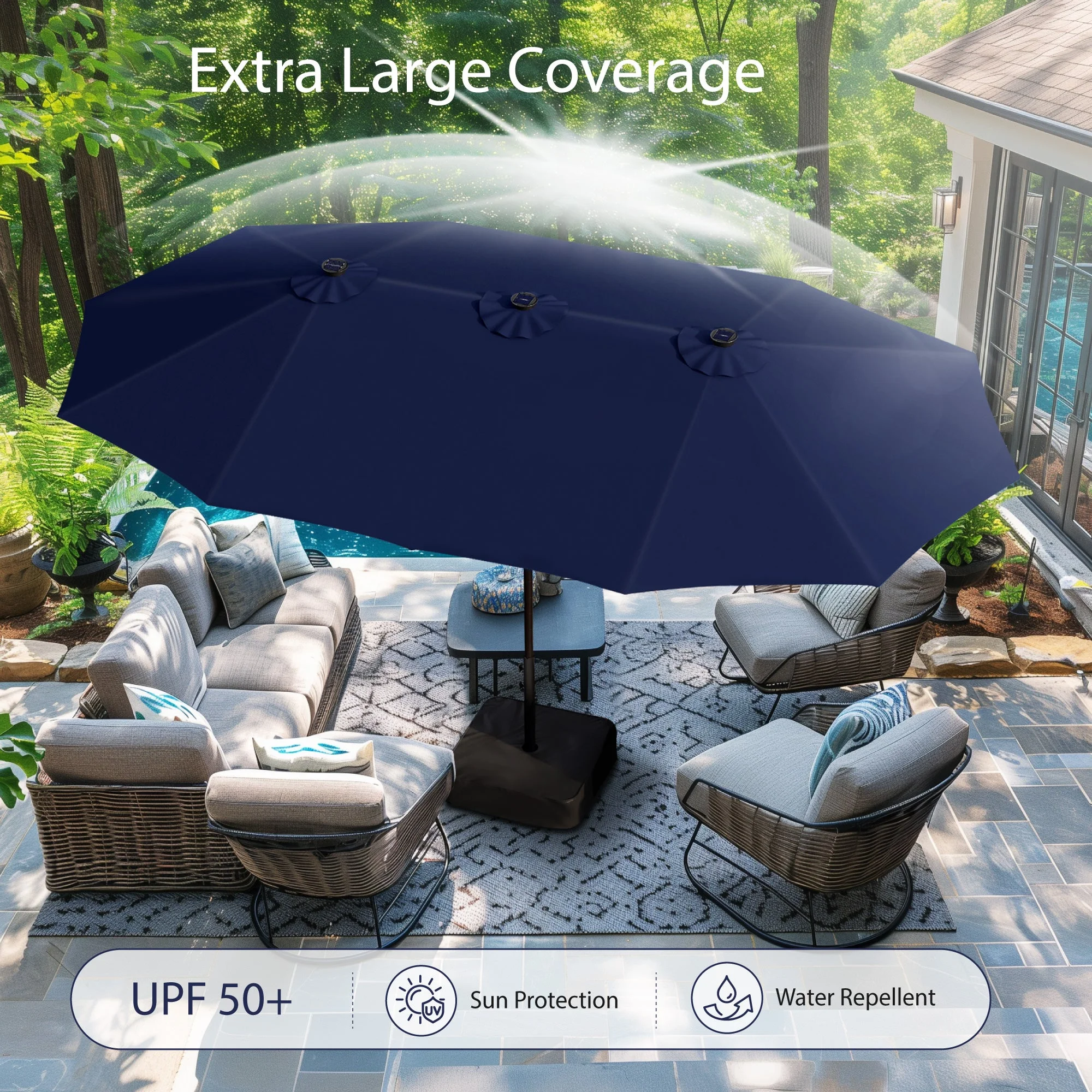 Alpha Joy 15ft Extra Large Outdoor Patio Double-Sided Umbrella with LED Solar Lights & Umbrella Base, Beige - Image 72