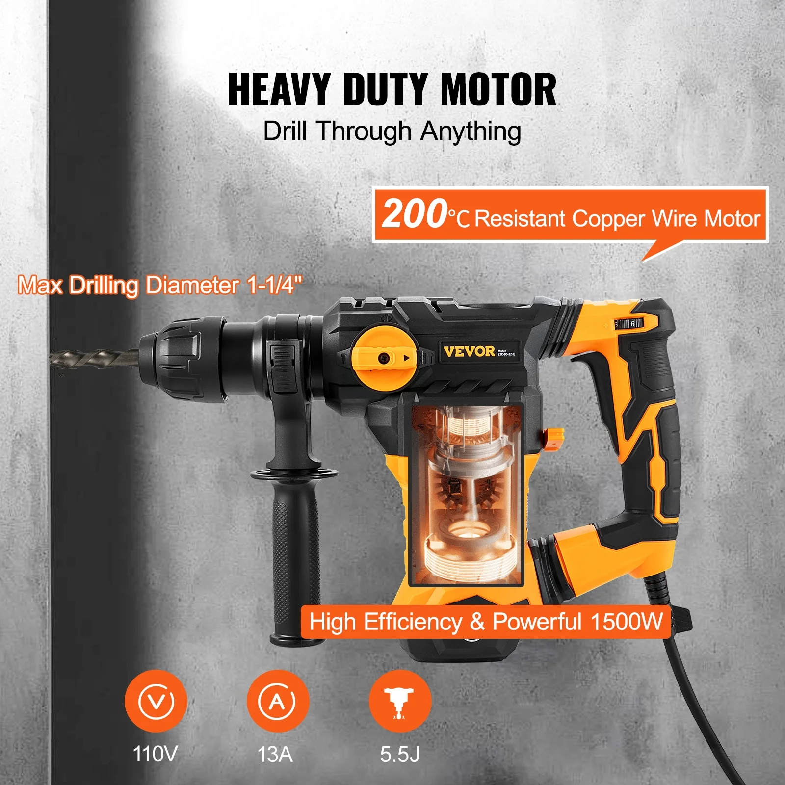VEVOR 1-1/4inch SDS-Plus Rotary Hammer Drill, 13 Amp Corded Drills, Heavy Duty Chipping Hammers w/Vibration Control & Safety Clutch, Electric Demolition Hammers Variable Speed, Power Tool For Concrete - Image 3
