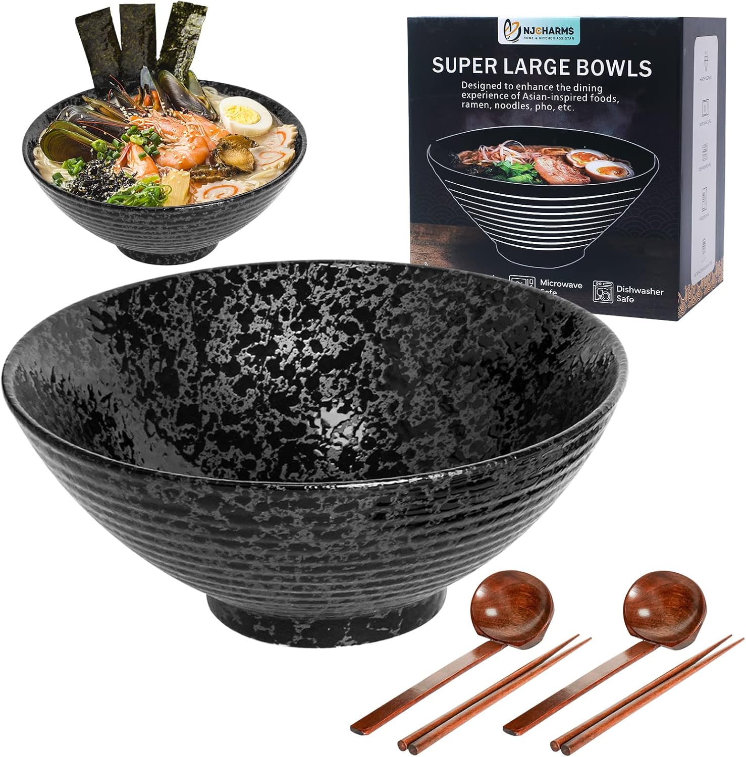 NJCHARMS Ceramic Ramen Bowl Set of 2, 60 oz Japanese Noodle Soup Bowls with Spoons and Chopsticks for Ramen Soup Pho Udon Asian Noodles, Large Noodle Bowls(Black