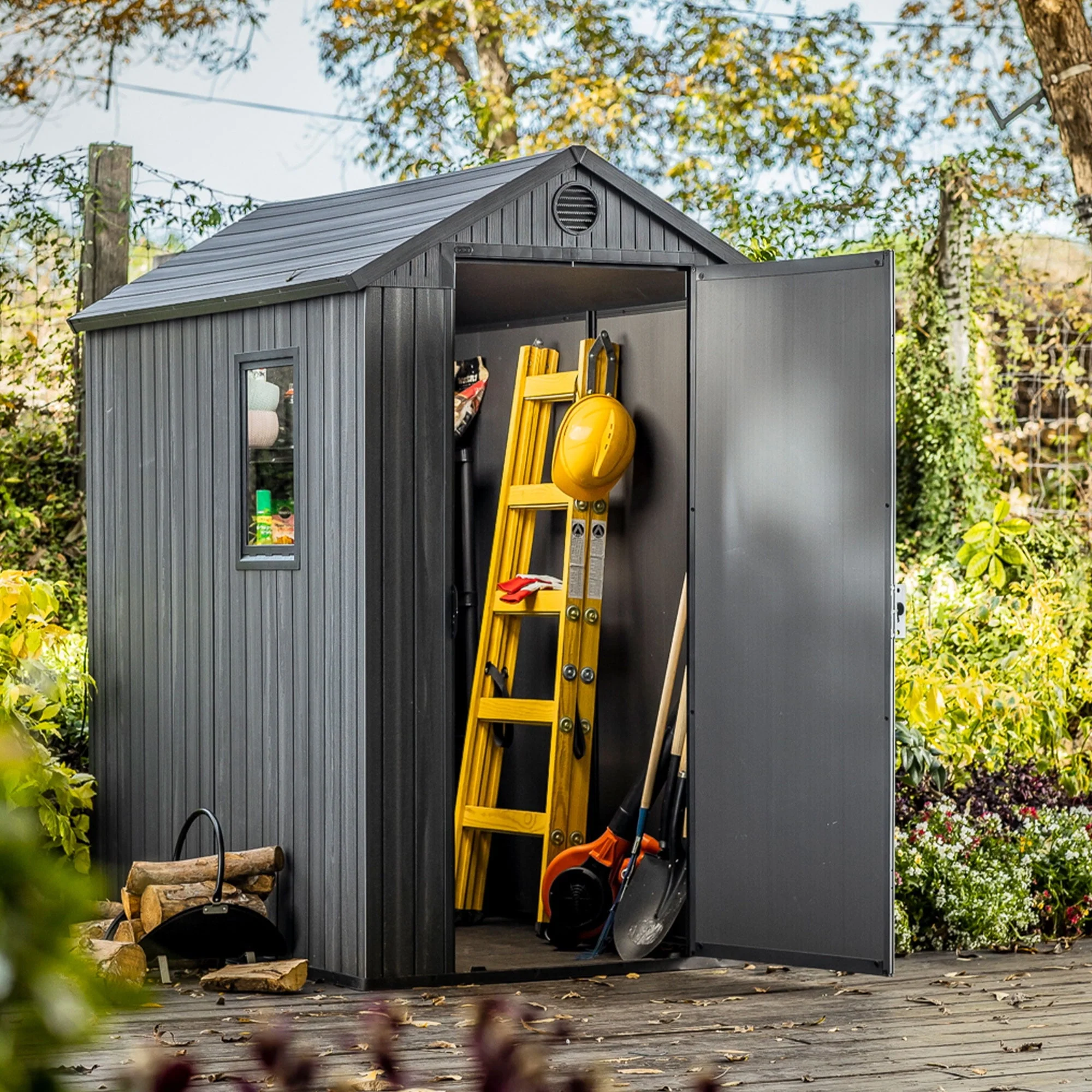 Keter Darwin 4' x 6' Outdoor Garden Tool Storage Shed w/ Window, Graphite - Image 2