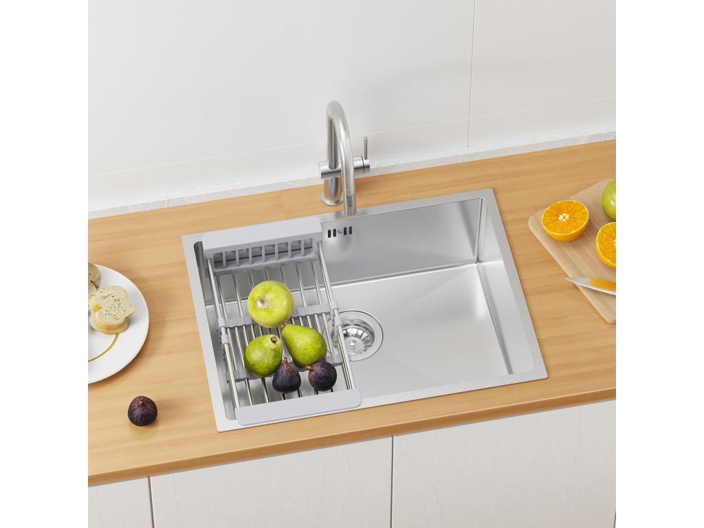 Fregadero Cocina 1 Bandeja 60*44*20CM,inoxidable, empotrado/subplano con Cesta drenaje,Plata+Grifo Cocina con Ducha Extraíble,2 Modos Jets,Cepillado