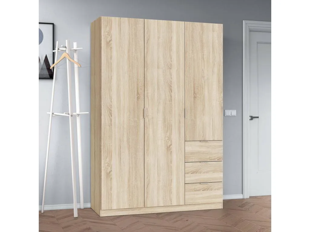 Guardarropa Fullerton Armario dormitorio con 3 puertas y 3 cajones Mueble con 3 baldas y barra perchero 135x52h200 cm Hogarmini 32175pubv