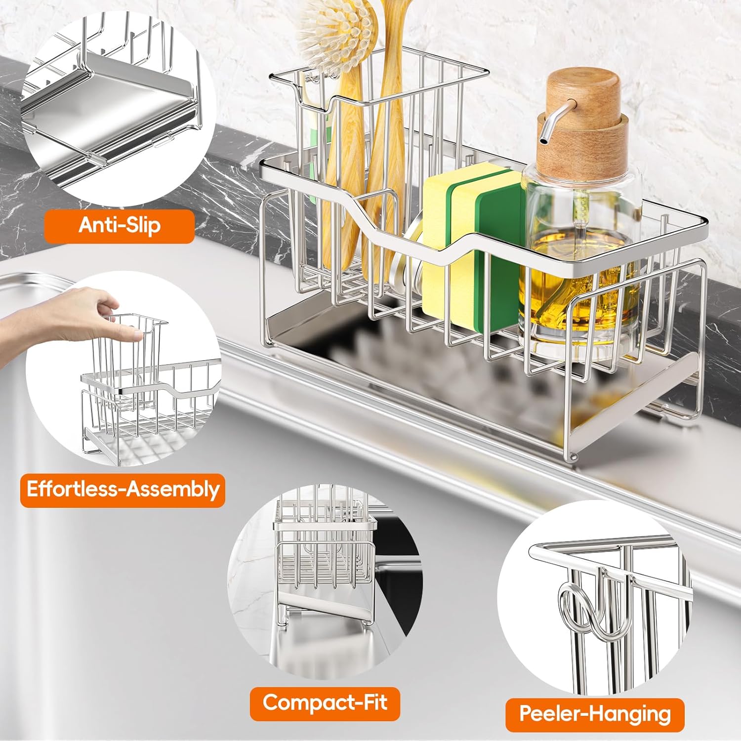 StorageRight Kitchen Sink Caddy Organizer, Rustproof Sponge Holder for Kitchen Sink, Instant Dry High Brush Holders with Drain Tray, Anti-Slip Sink Storage Organization Essentials, Silver