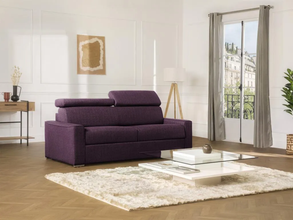Sofá cama de 3 plazas de tela de apertura rápida Francomuebleses - Violeta - Cama de 140 cm - Colchón de 16 cm memoria de forma