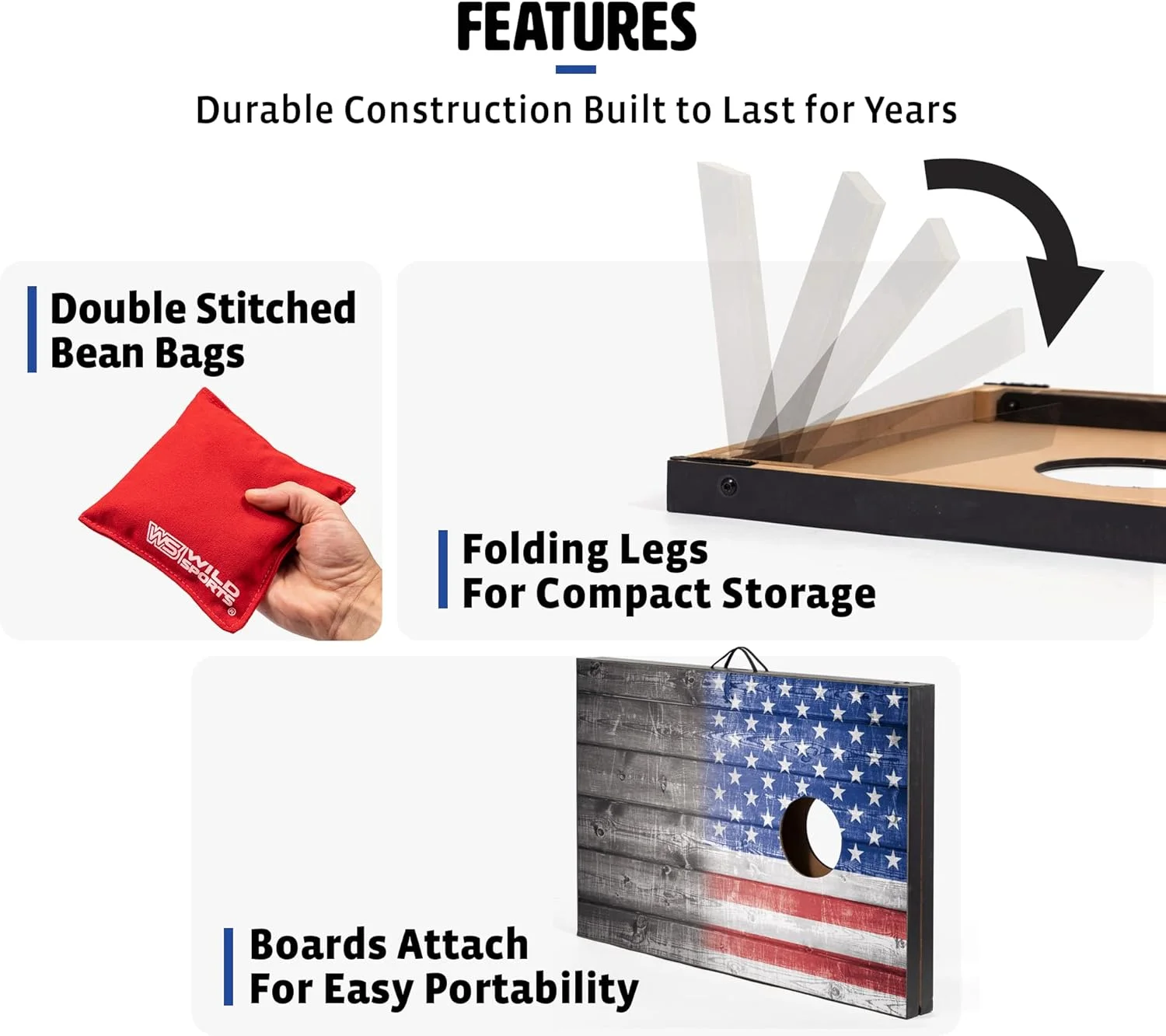 Wild Sports 2'x3' Cornhole Outdoor Game Set, USA Flag or Natural Wood Options with Carry Bag Included - Image 3
