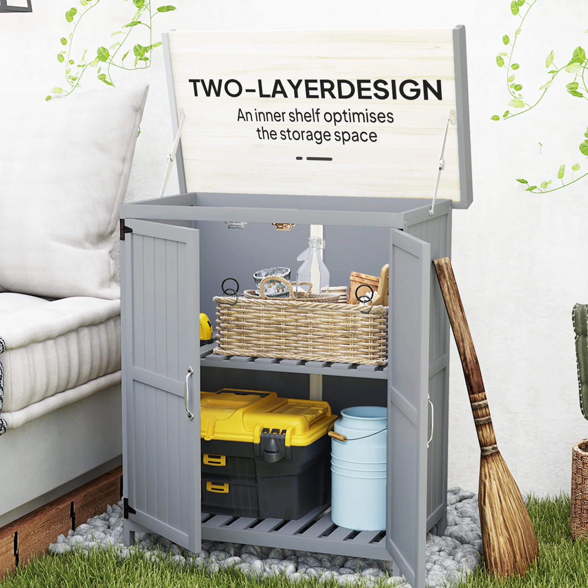 Outsunny Outdoor Garden Shed, Wooden Backyard Shed with Metal Tabletop, Shelf and 2 Doors for Patio, Lawn, Gray - Image 6