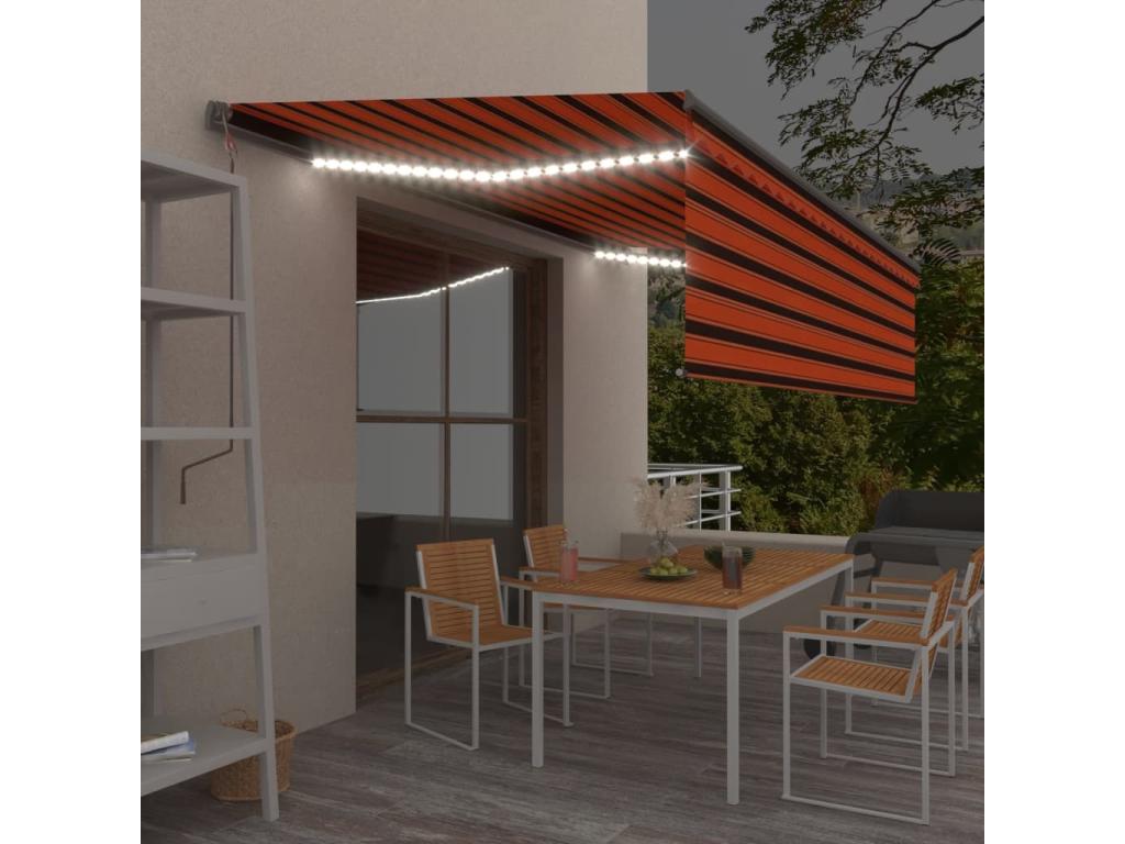 Toldo retráctil manual con persiana y LED naranja y marrón 5x3m