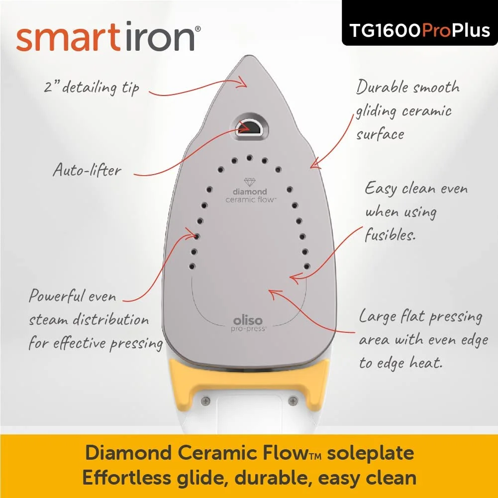 Oliso TG1600 Pro Plus 1800 Watt SmartIron with Auto Lift - for Clothes, Sewing, Quilting and Crafting Ironing | Diamond Ceramic-Flow Soleplate Steam Iron, Yellow - Image 2