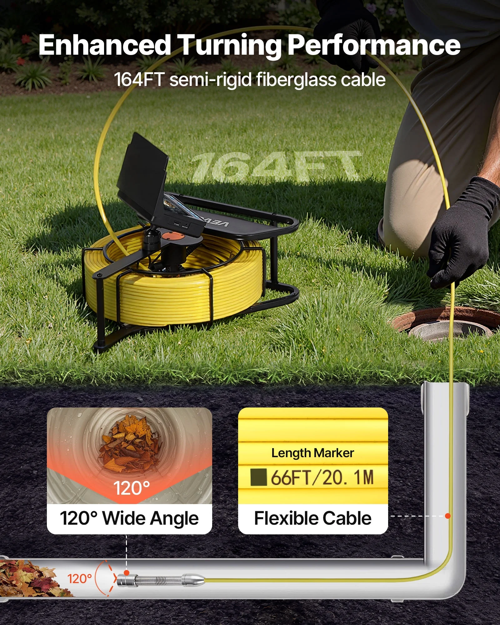 VEVOR Sewer Camera, 164 ft/50m, 4.3" Drain Inspection Camera, IP68 Waterproof Snake Plumbing Camera with Lights - 6 Adjustable LEDs, 4500mAh Battery & 16GB Card for Sewer Line Duct Pipes - Image 4